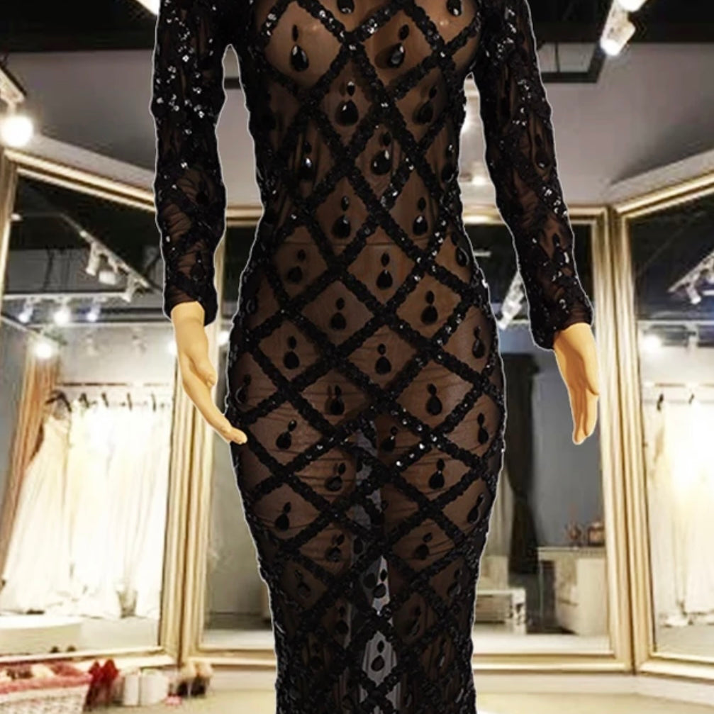 Jessica Bara Jasmeen Crystal Mesh Long Sleeve Maxi Dress