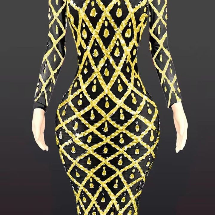 Jessica Bara Jasmeen Crystal Mesh Long Sleeve Maxi Dress