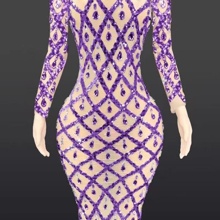Jessica Bara Jasmeen Crystal Mesh Long Sleeve Maxi Dress