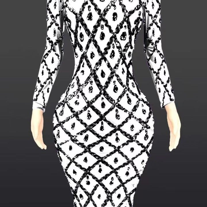 Jessica Bara Jasmeen Crystal Mesh Long Sleeve Maxi Dress