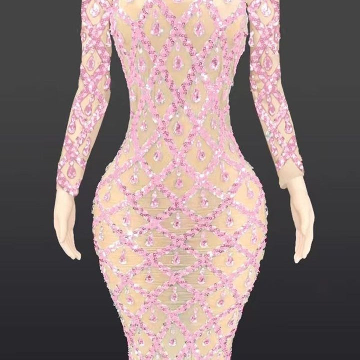 Jessica Bara Jasmeen Crystal Mesh Long Sleeve Maxi Dress