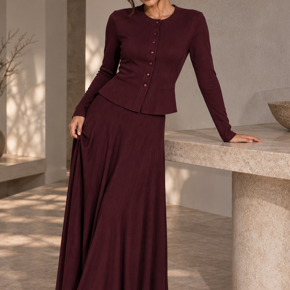 Jessica Bara Jenelle Knit Long Sleeve Top and Maxi Skirt Two Piece Set