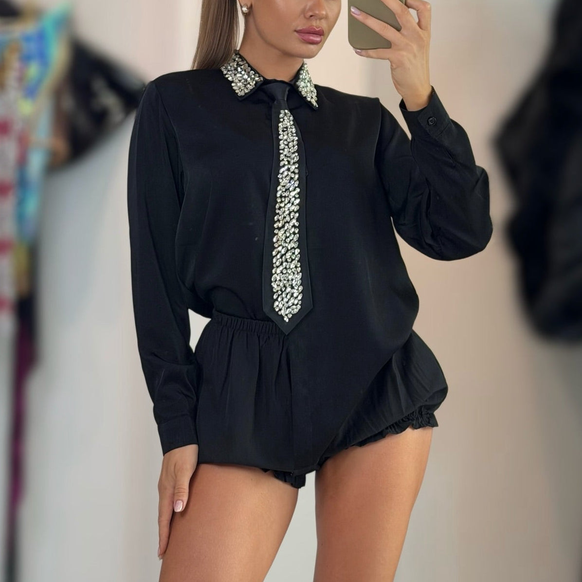 Jessica Bara Jessla Mens Blouse with Crystal Tie Top