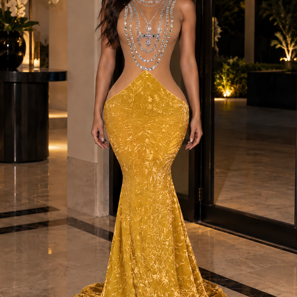 Jessica Bara Jomi Crystal Velvet Gown