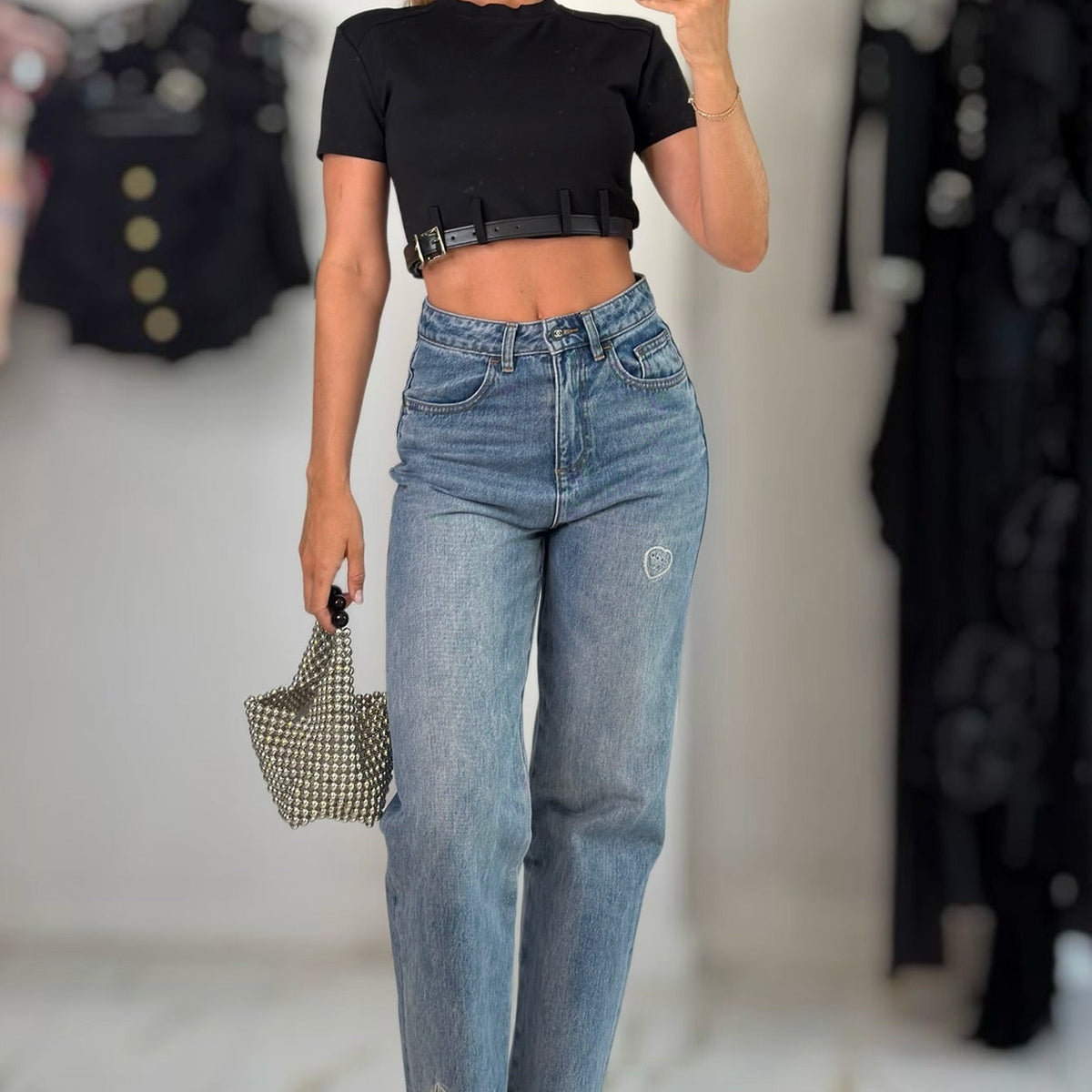Jessica Bara Kaia Belted Cropped Top