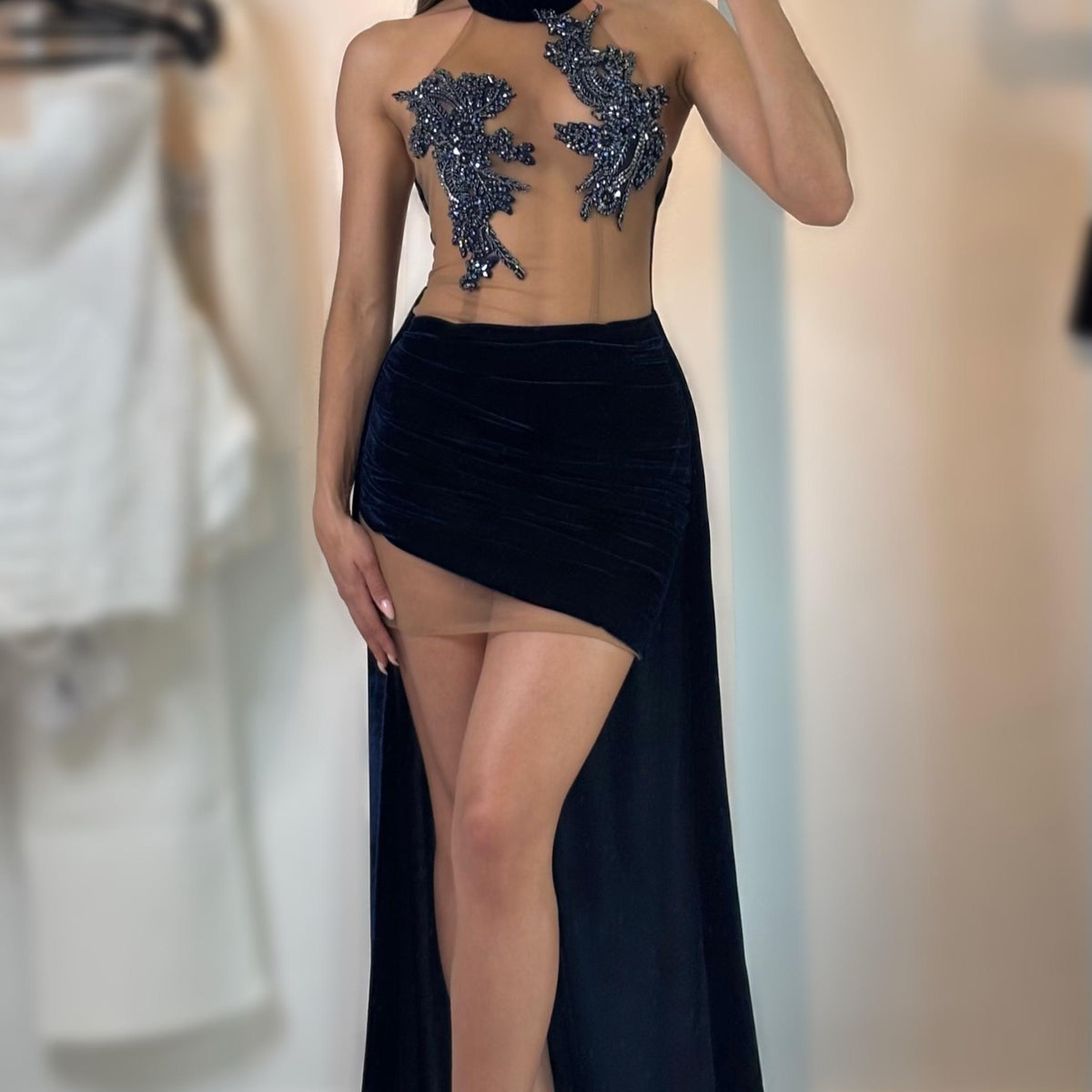 Jessica Bara Karena High Neck Halter Crystal High Low Mini Dress