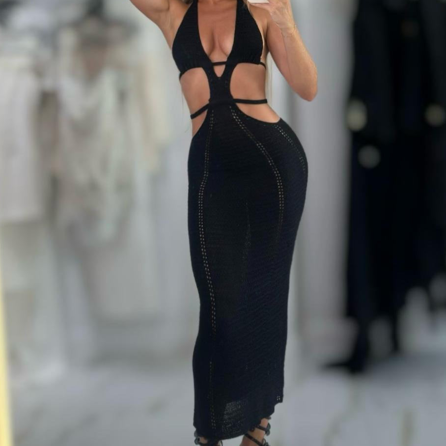 Jessica Bara Katana Crochet Halter Cut Out Maxi Dress