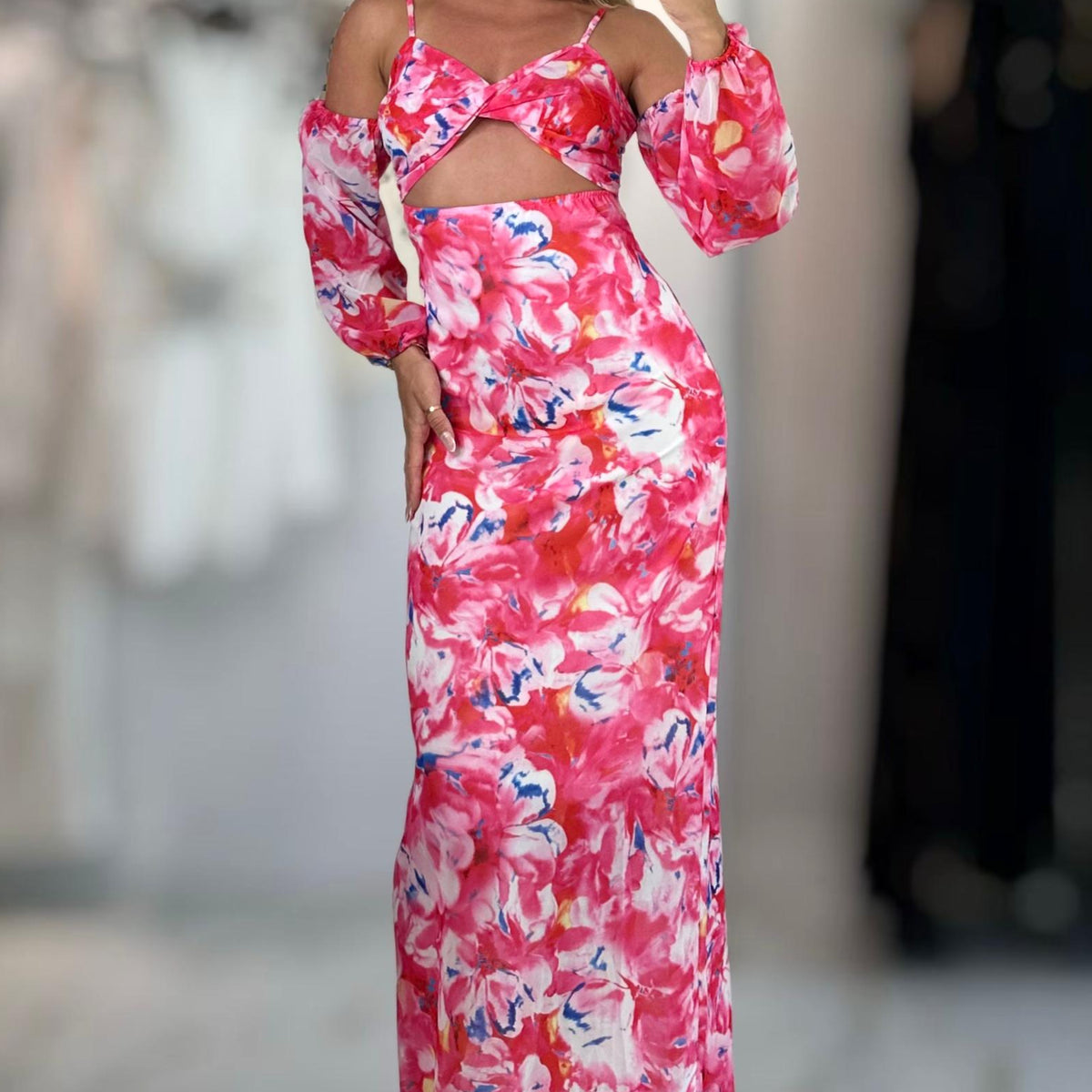 Jessica Bara Katnia Floral Open Shoulder Cut Out Maxi Dress