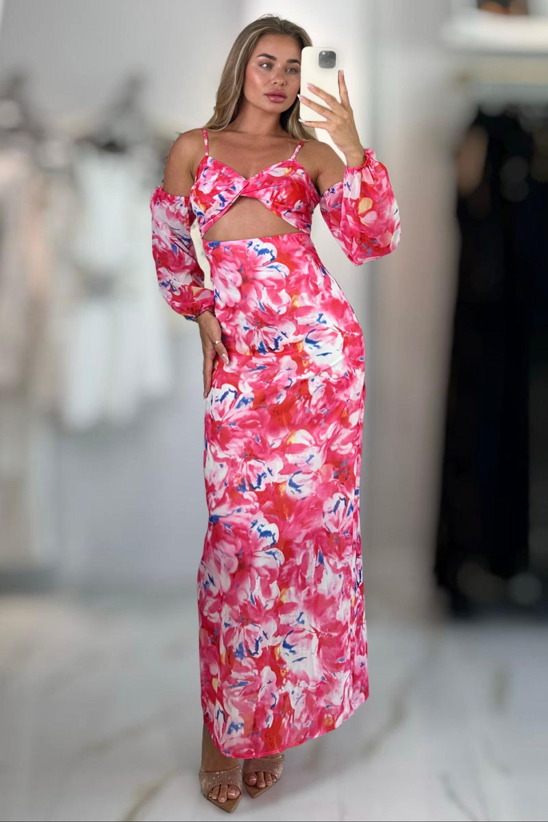 floral cut out maxi dress Jessica Bara Katnia Floral Open Shoulder Cut Out Maxi Dress