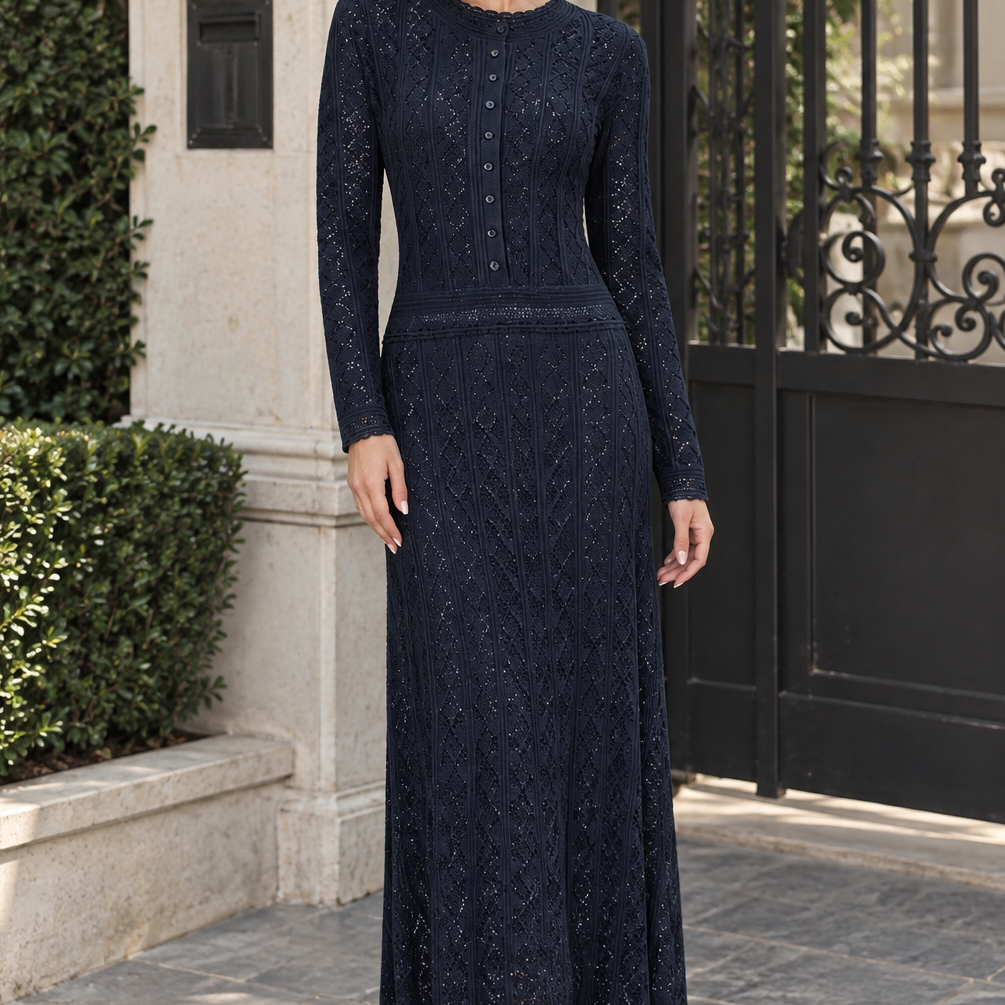 Jessica Bara Kellie Knit Button Long Sleeve Maxi Dress