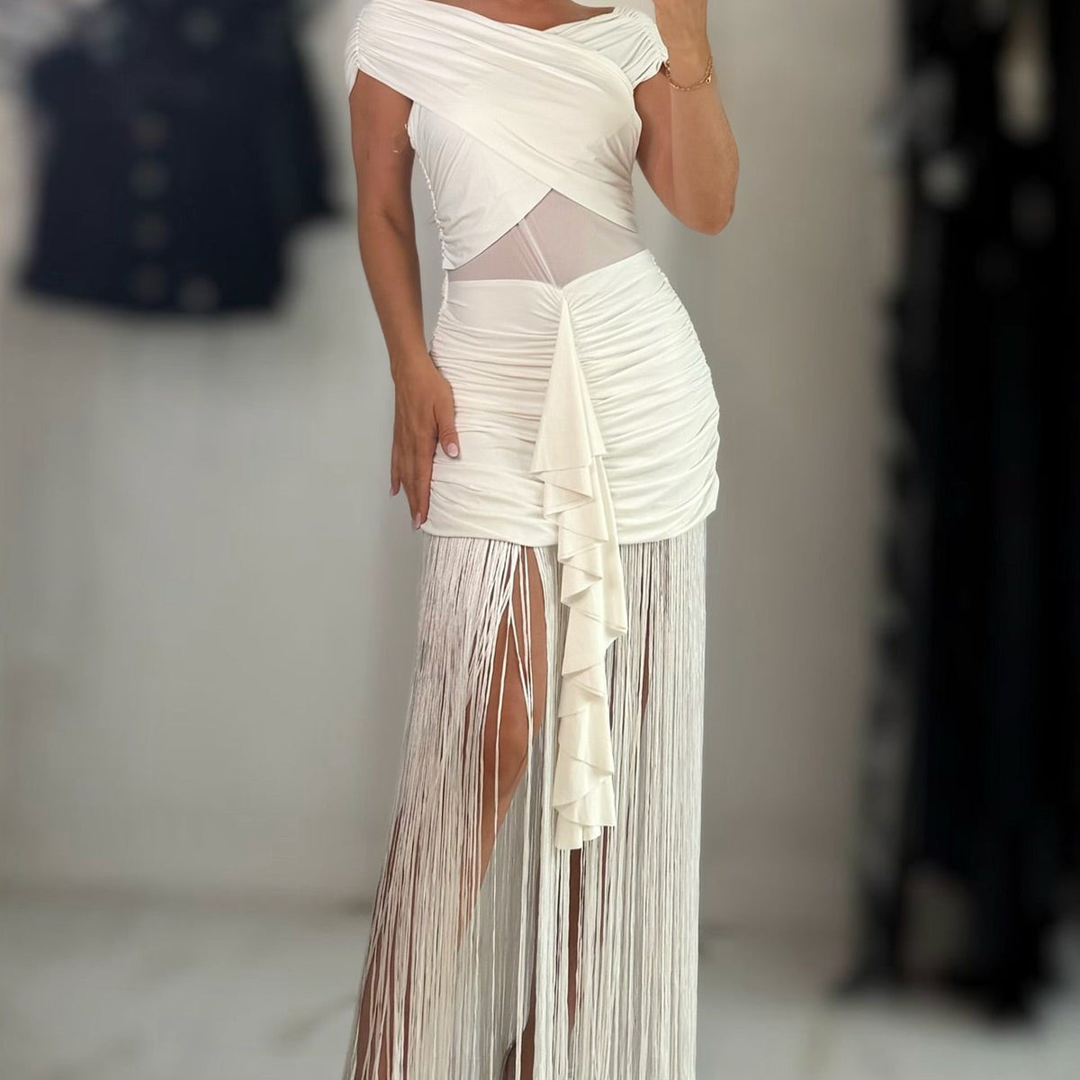 Jessica Bara Koralina Halter Neck Fringe Maxi Dress
