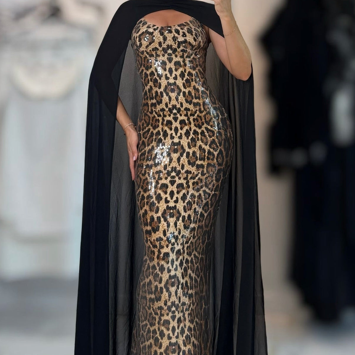 Jessica Bara Larela Sequin Cheetah Print Gown with Removable Cape