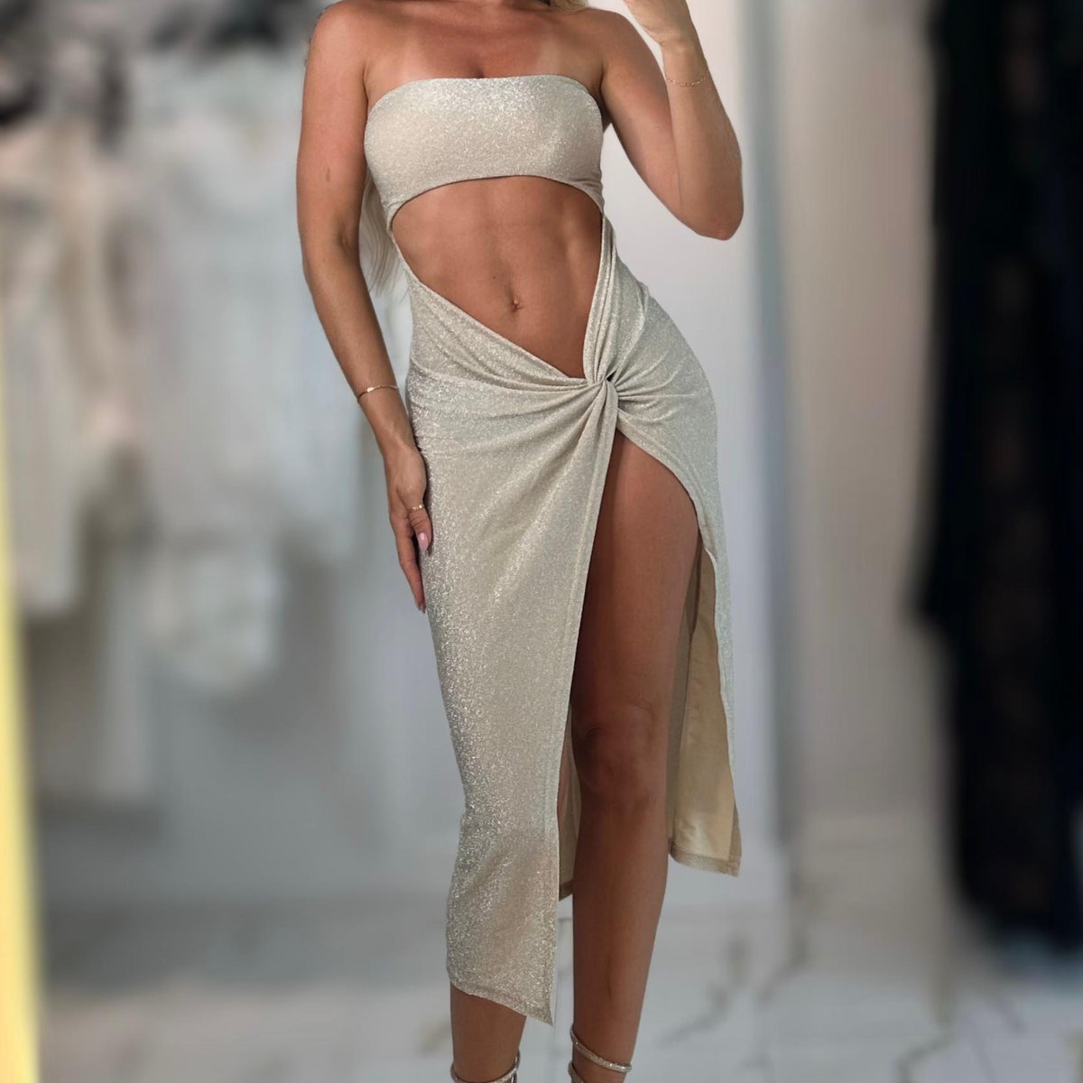 Jessica Bara Liesha Strapless Tube Cut Out Slit Midi Dress