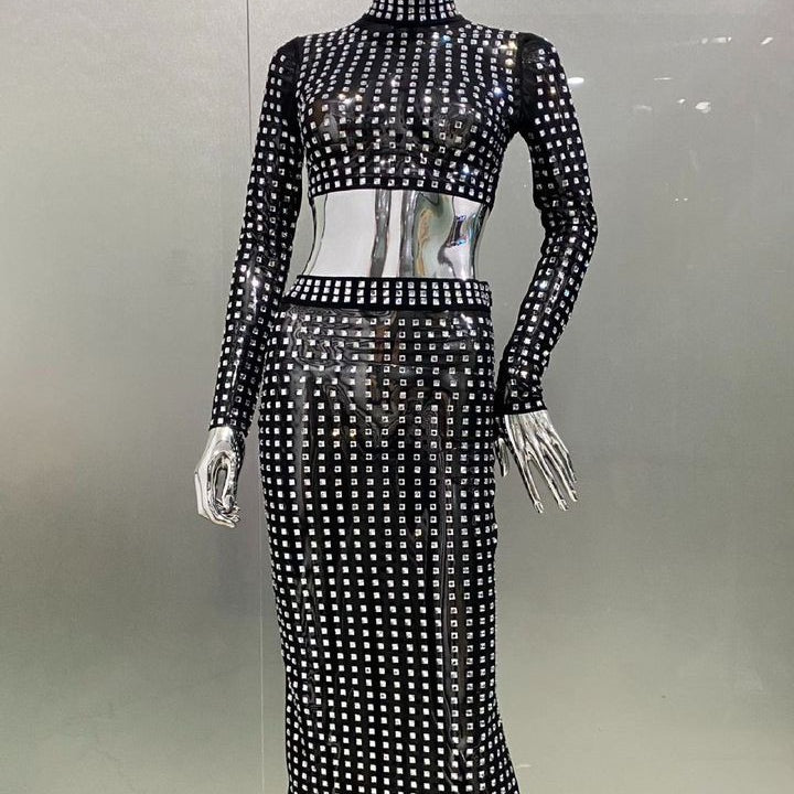 Jessica Bara Lisa Rhinestone Long Sleeve Turtle Neck Top And Midi Skirt Two Piece Set
