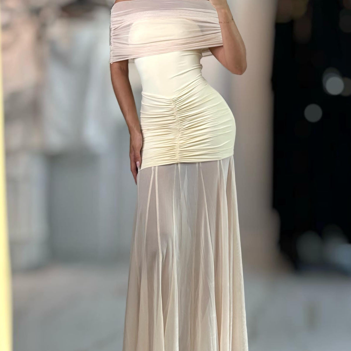 Jessica Bara Lusira Off The Shoulder Mesh Maxi Dress
