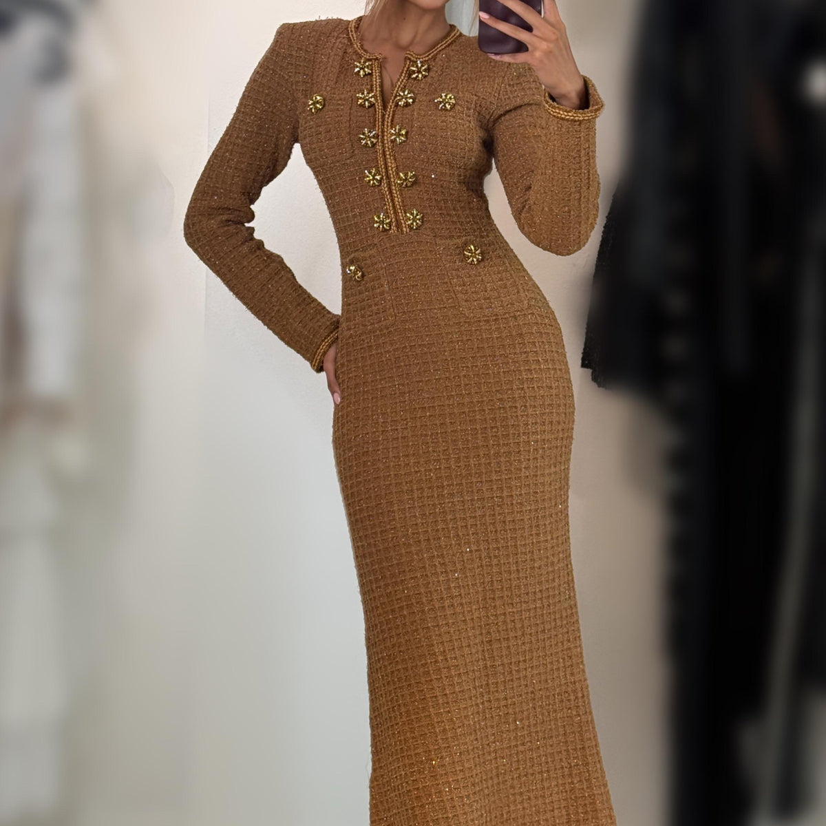 Jessica Bara Melonie Tweed Long Sleeve Maxi Dress