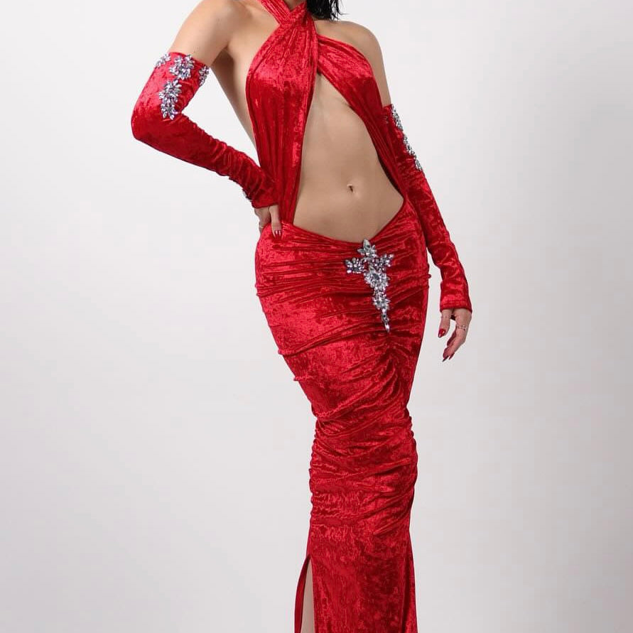 Jessica Bara Nila Velvet Halter Cut Out Maxi Dress with Sleeves