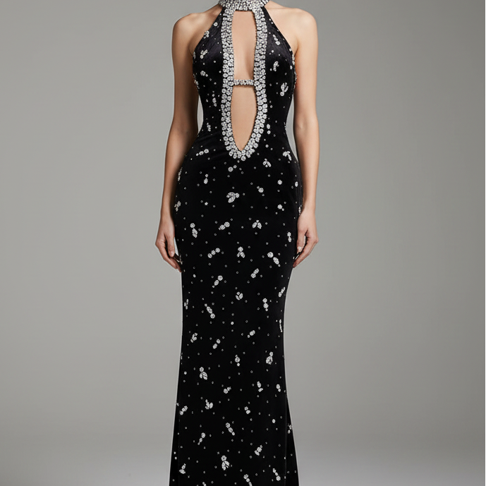 Jessica Bara Noir Crystal Halter Gown