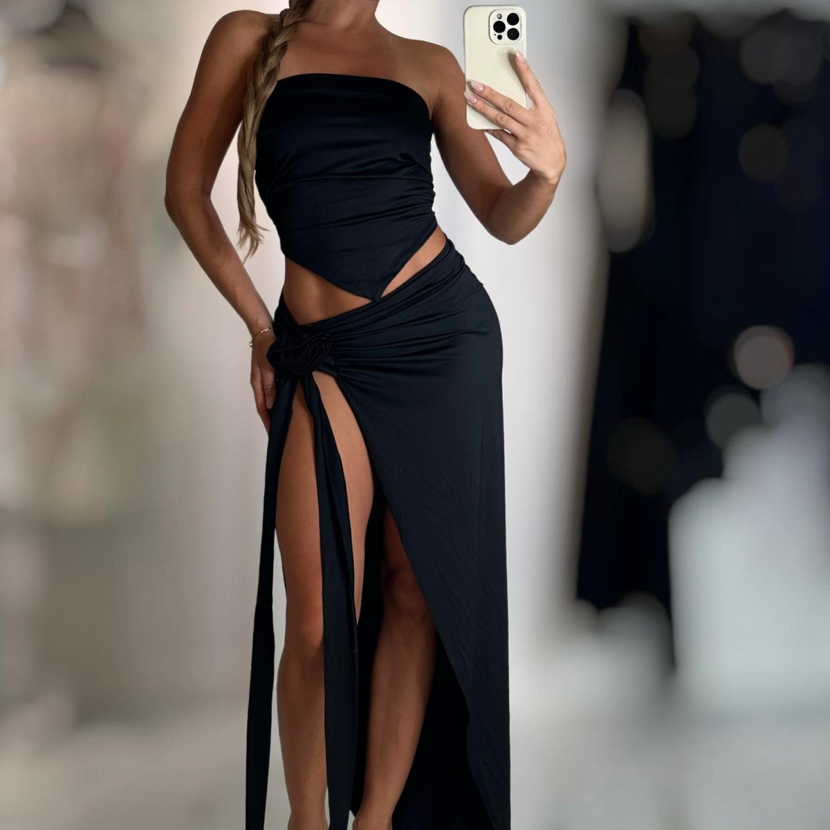 Jessica Bara Orah Halter Deep V Top and Flower Maxi Skirt Two Piece Set
