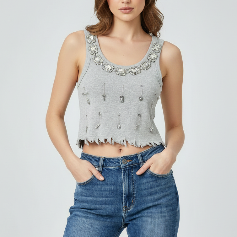 Jessica Bara Ozoria Ripped Safety Pin Tank Top