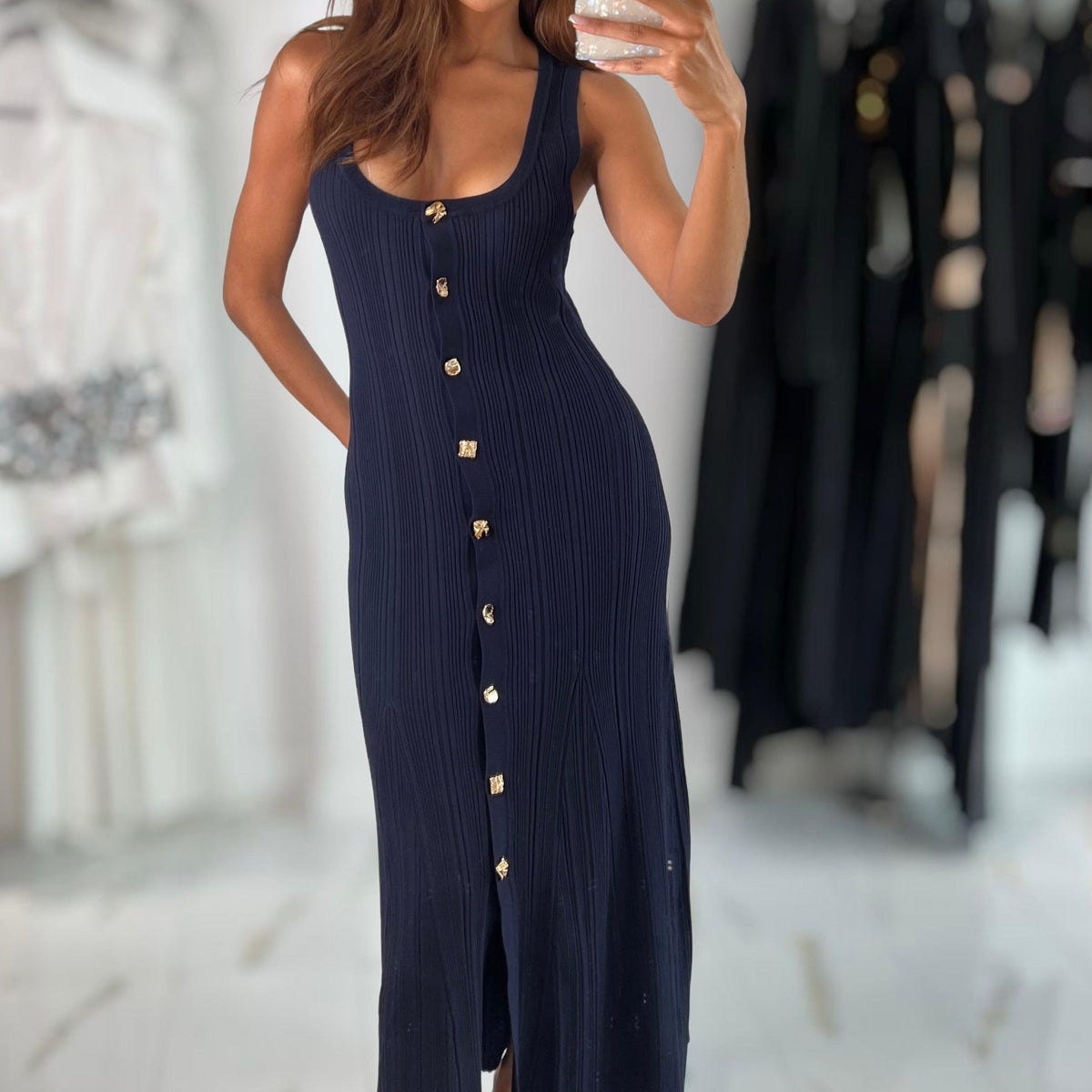 Jessica Bara Pammela Gold Button Maxi Dress