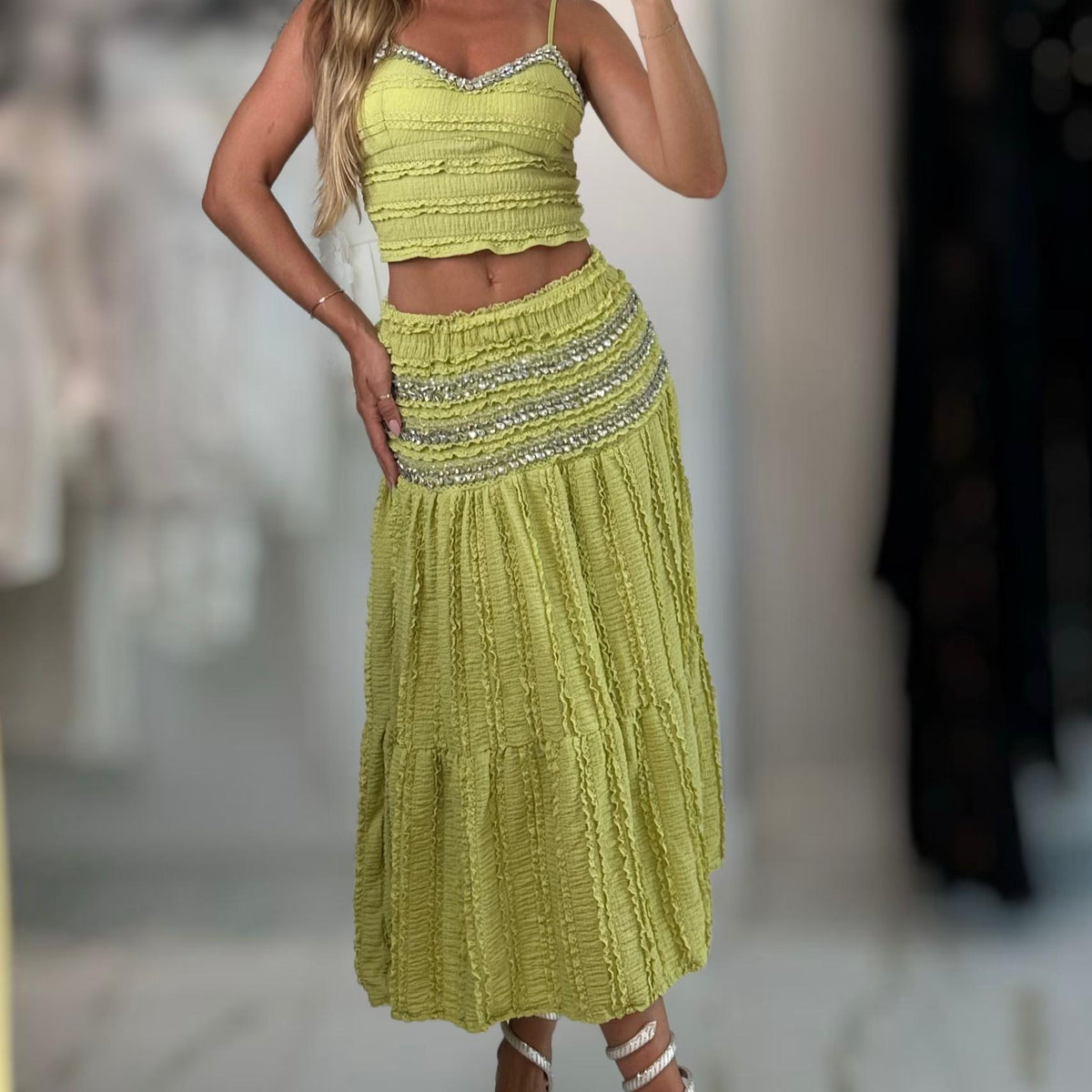Jessica Bara Pamsie Crystal Ruffle Top and Maxi Skirt Two Piece Set
