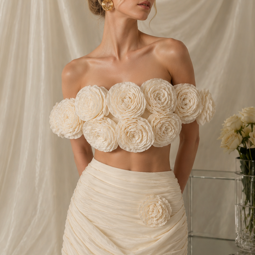 Jessica Bara Petal Off The Shoulder Ruched Two Piece Set