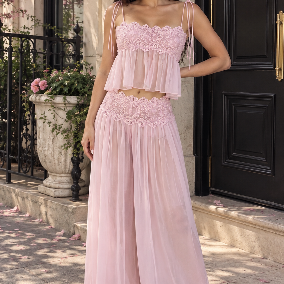 Jessica Bara Pinxy Lace Top and Ruffle Shorts Two Piece Set