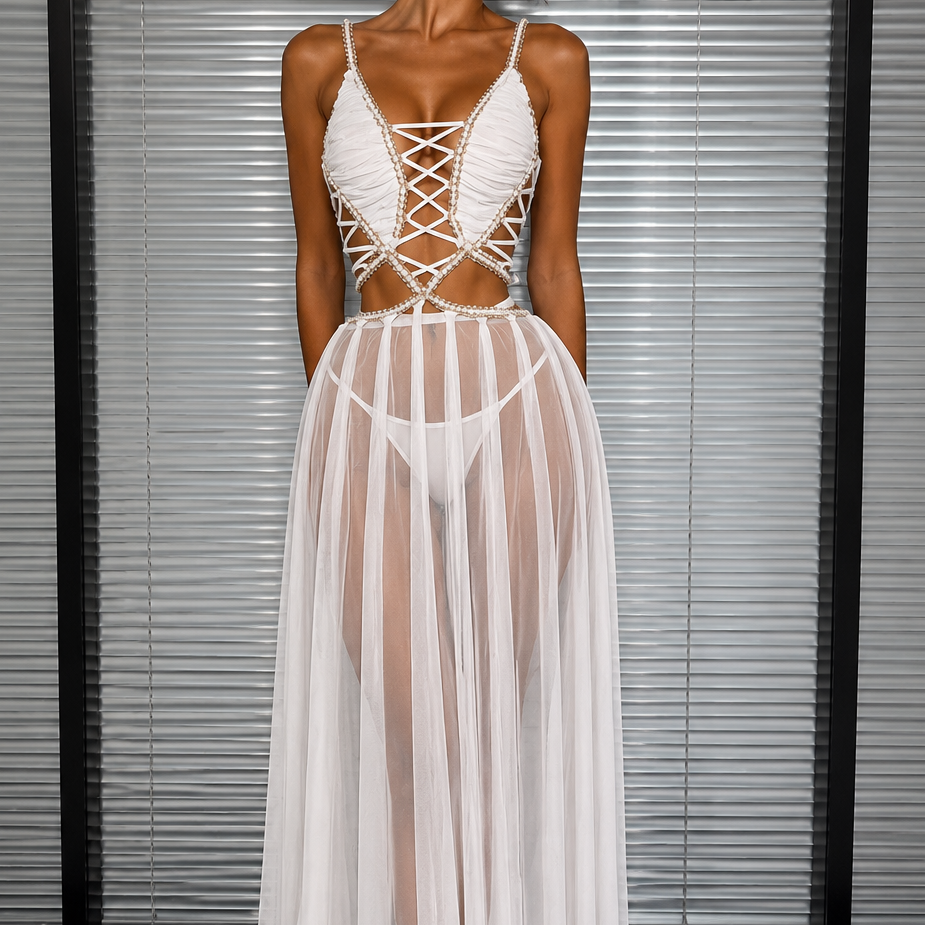 Jessica Bara Piony Chain Lace See Through Maxi Dress
