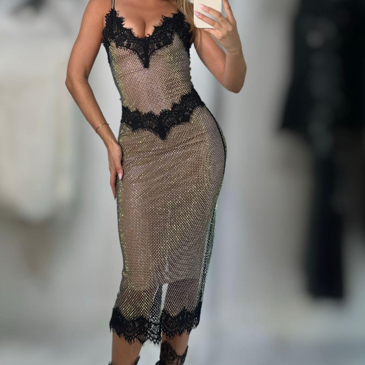 Jessica Bara Porsha Crystal Beaded Lace Midi Dress