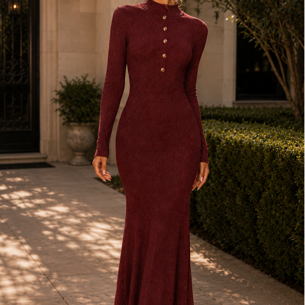 Jessica Bara Razlie Gold Button Long Sleeve Maxi Dress