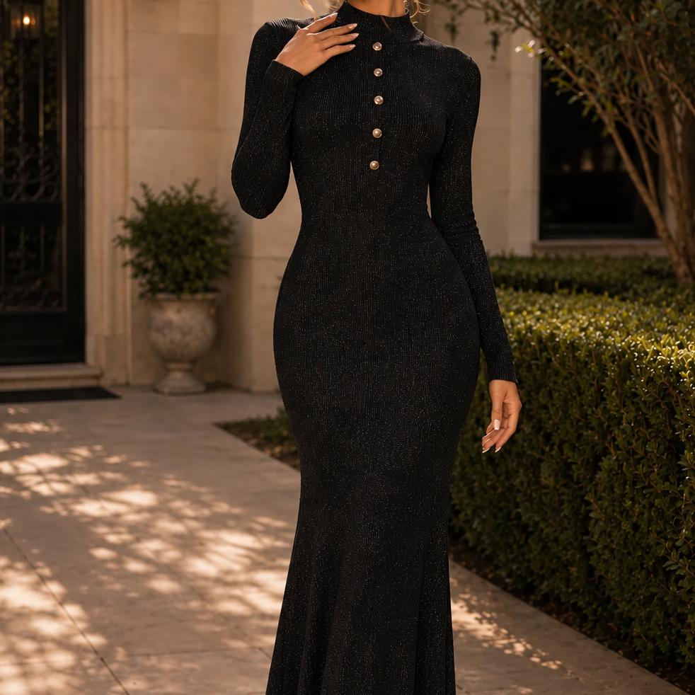 Jessica Bara Razlie Gold Button Long Sleeve Maxi Dress