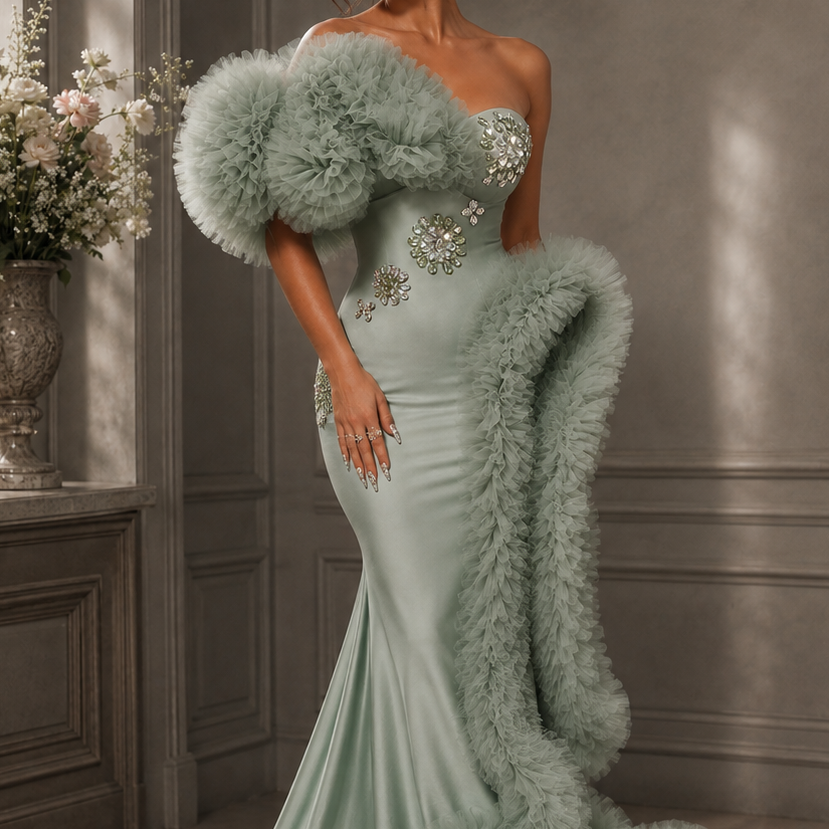 Jessica Bara Reyna Crystal Strapless Tube Ruffle Gown