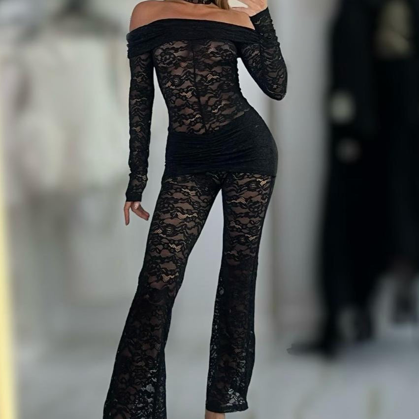 Jessica Bara Rish Lace Off The Shoulder Top and Ruched Pants Two Piece Set