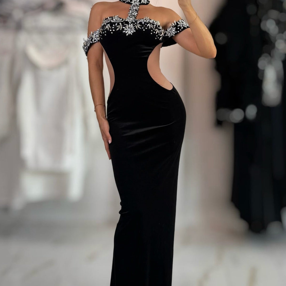Jessica Bara Roxie Velvet Crystal Choker Cut Out Gown