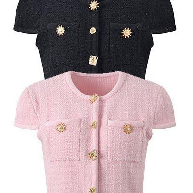 Jessica Bara Safron Tweed Gold Button Top And Mini Skirt Two Piece Set