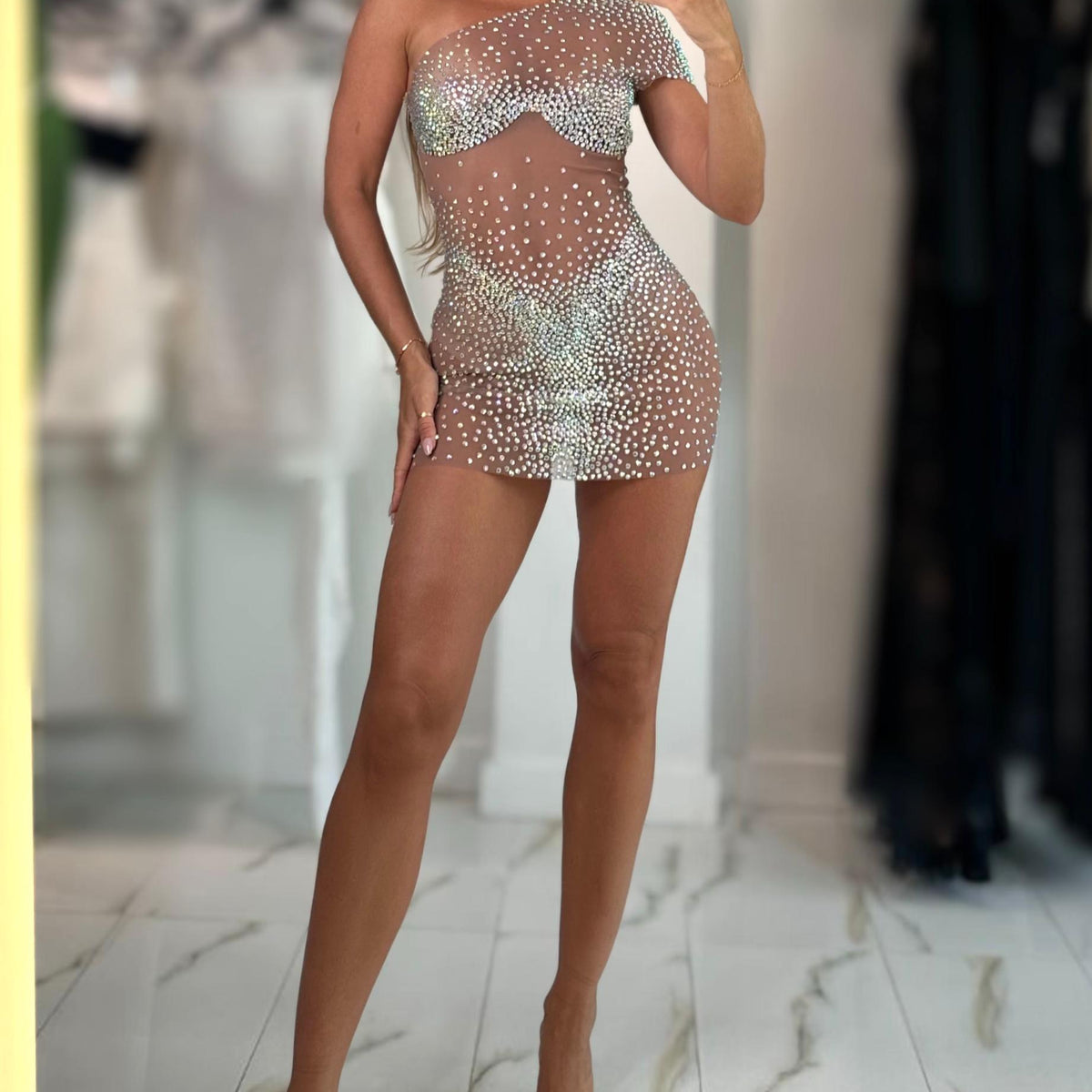 Jessica Bara Samelar Crystal One Shoulder Mini Dress