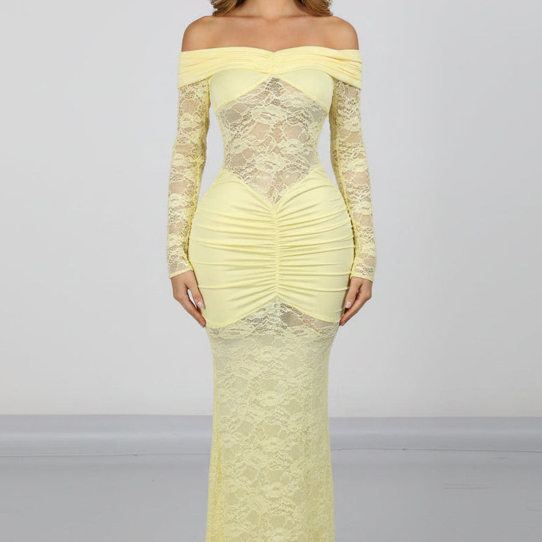 Jessica Bara Seika Off The Shoulder Lace See Through Maxi Dress