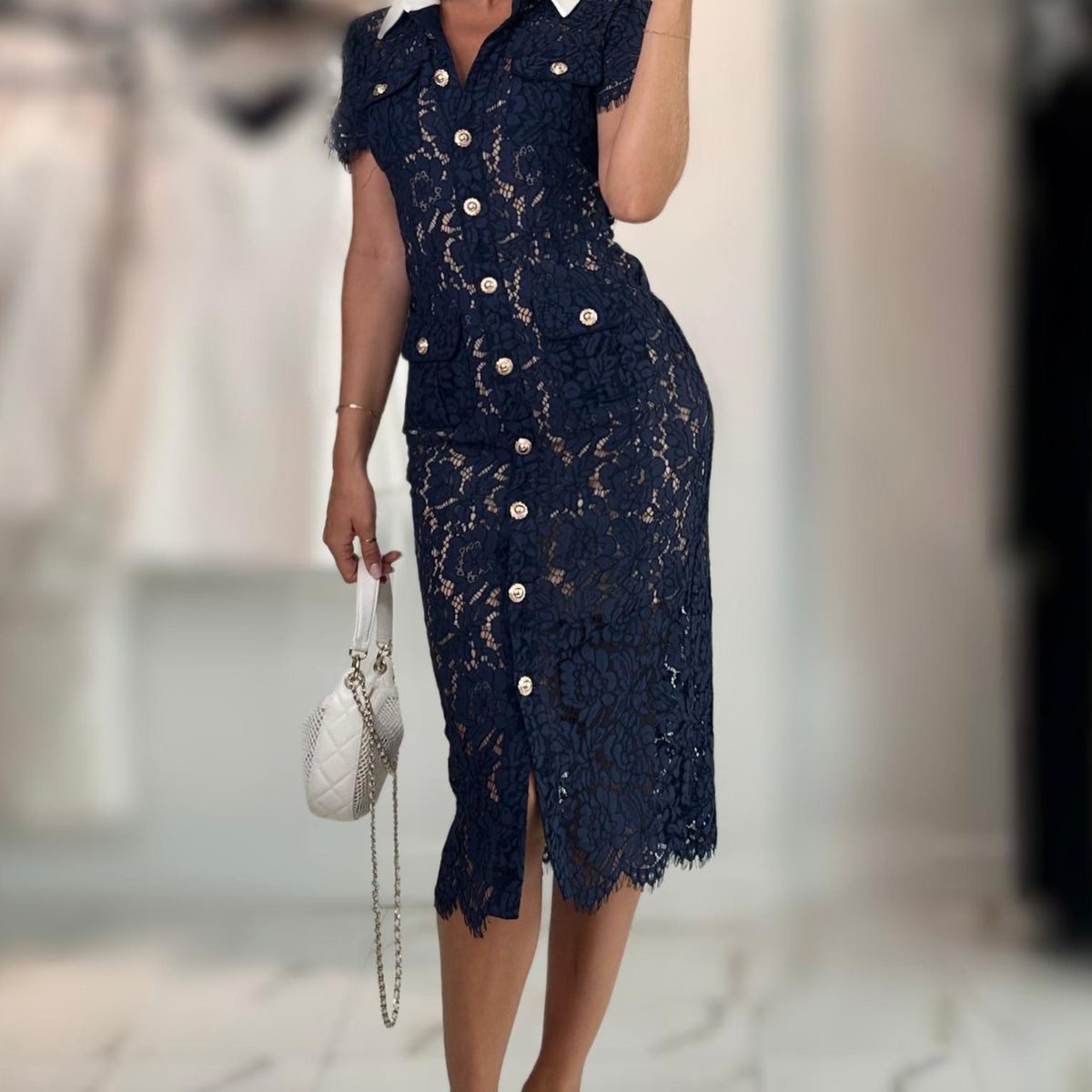 Jessica Bara Sesha Collared Gold Button Lace Midi Dress