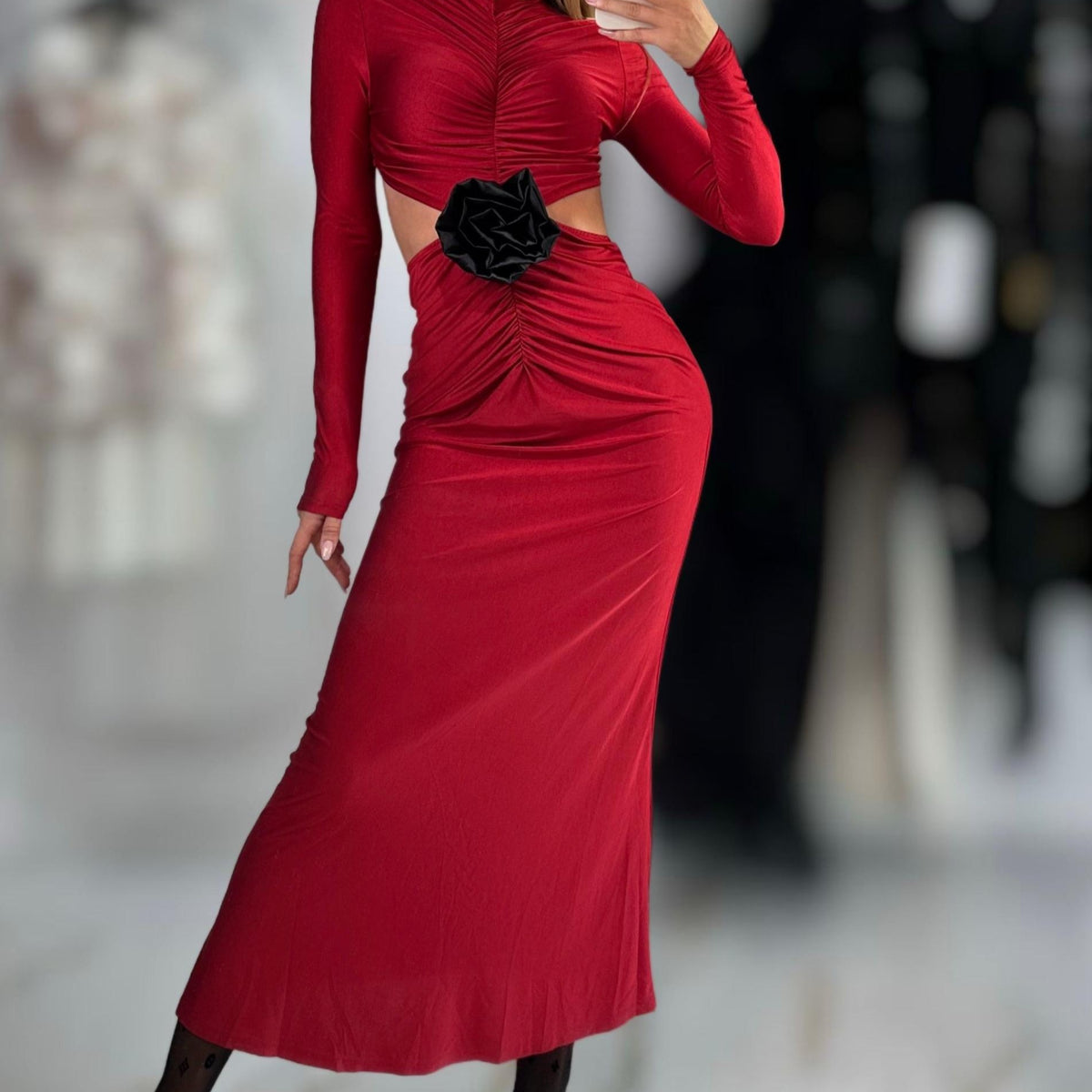 Jessica Bara Shannon Long Sleeve Cut Out Ruched Maxi Dress