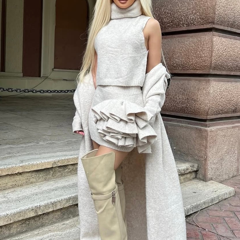 Jessica Bara Shaylee Knit Long Sweater, Top and Ruffle Mini Skirt Three Piece Set