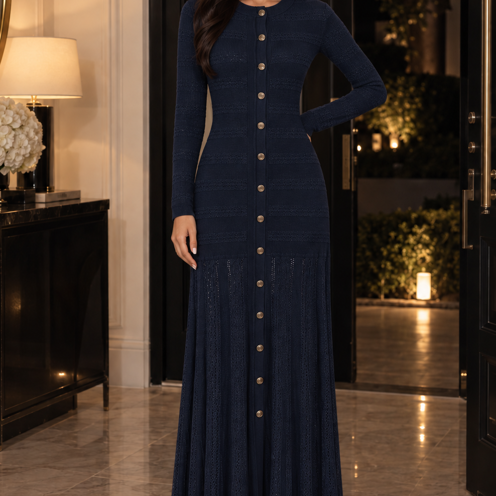 Jessica Bara Sica 2 Knit Button Long Sleeve Maxi Dress