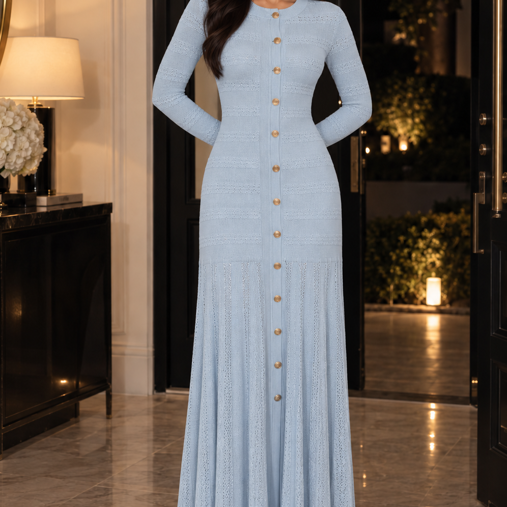 Jessica Bara Sica 2 Knit Button Long Sleeve Maxi Dress
