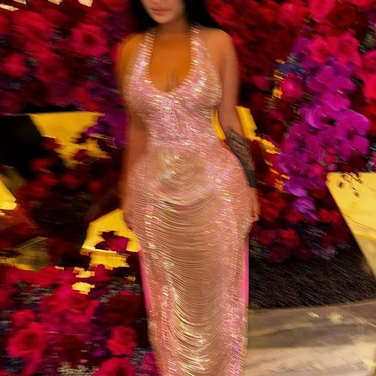 Jessica Bara Simpson Halter Crystal Fringe Maxi Dress