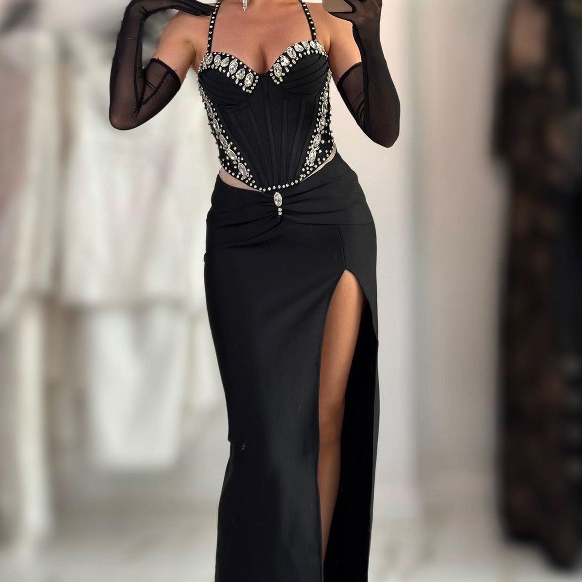Jessica Bara Tanza Crystal Corset Slit Gown