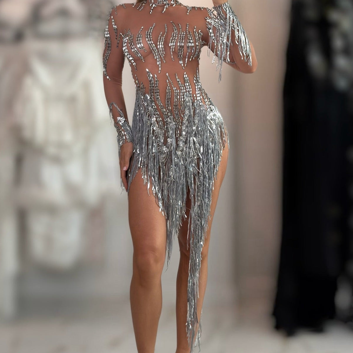 Jessica Bara Teraj Fringe High Neck Long Sleeve Mini Dress