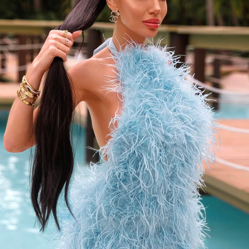 Jessica Bara Teshara Feather Backless Halter Mini Dress
