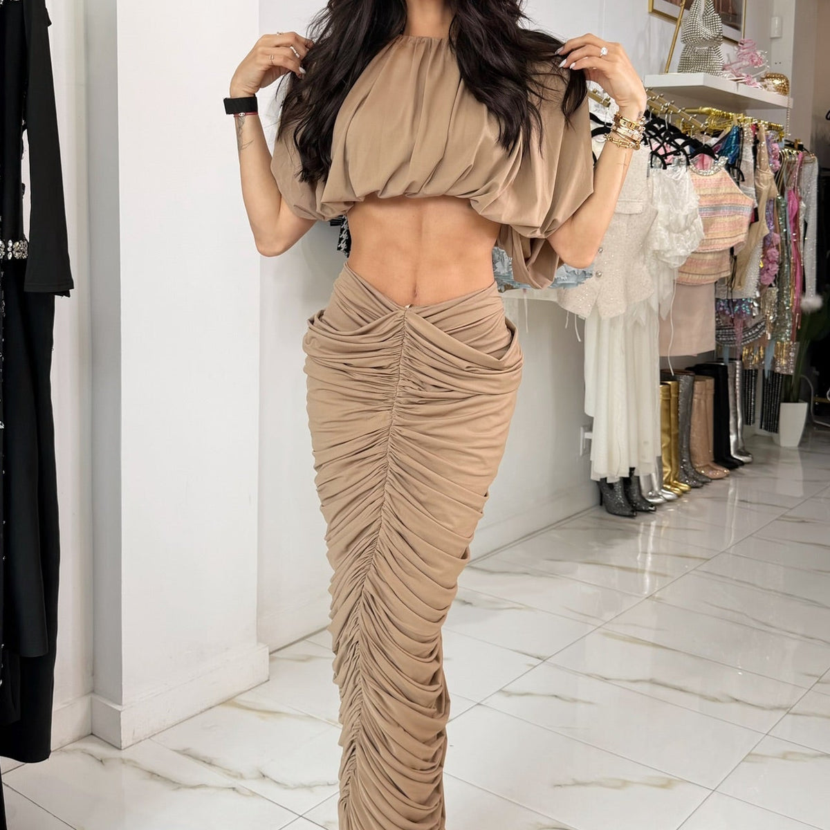 Jessica Bara Vendita Bubble Top and Ruched Maxi Skirt Set