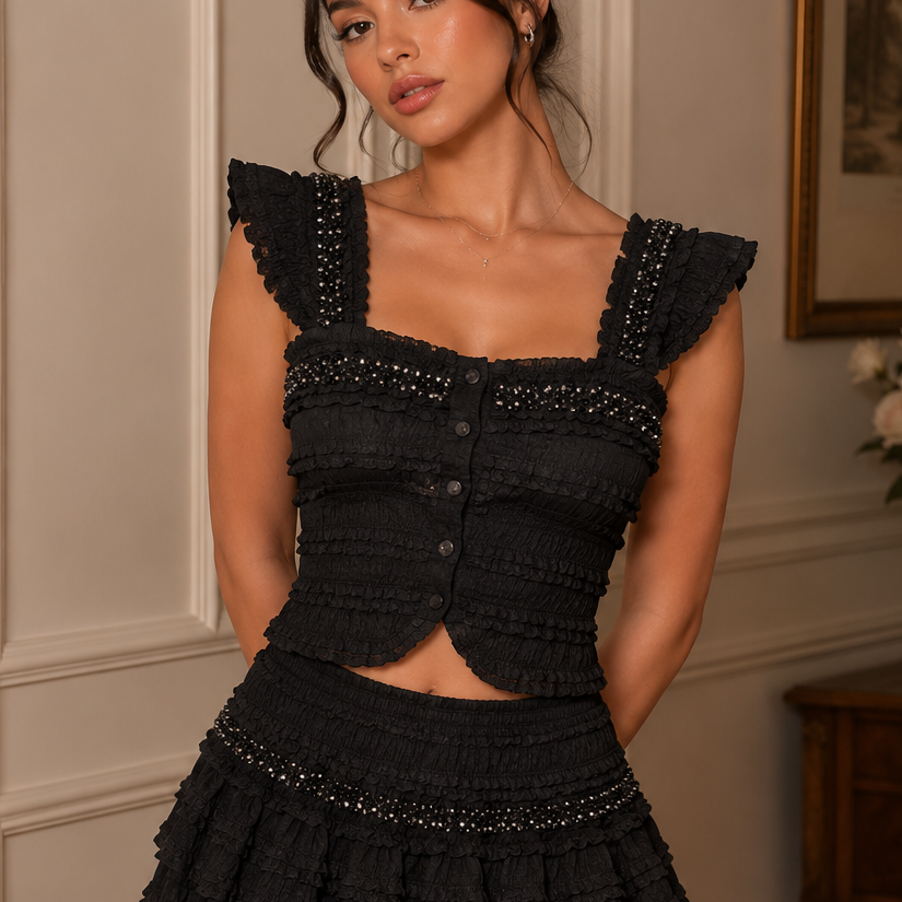 Jessica Bara Venice Rhinestone Top and Ruffle Mini Skirt Two Piece Set