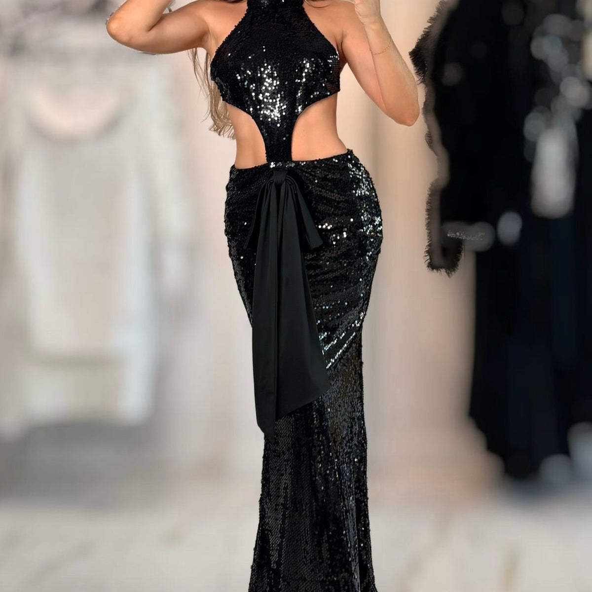 Jessica Bara Verana Sequin Bow Halter Cut Out Gown